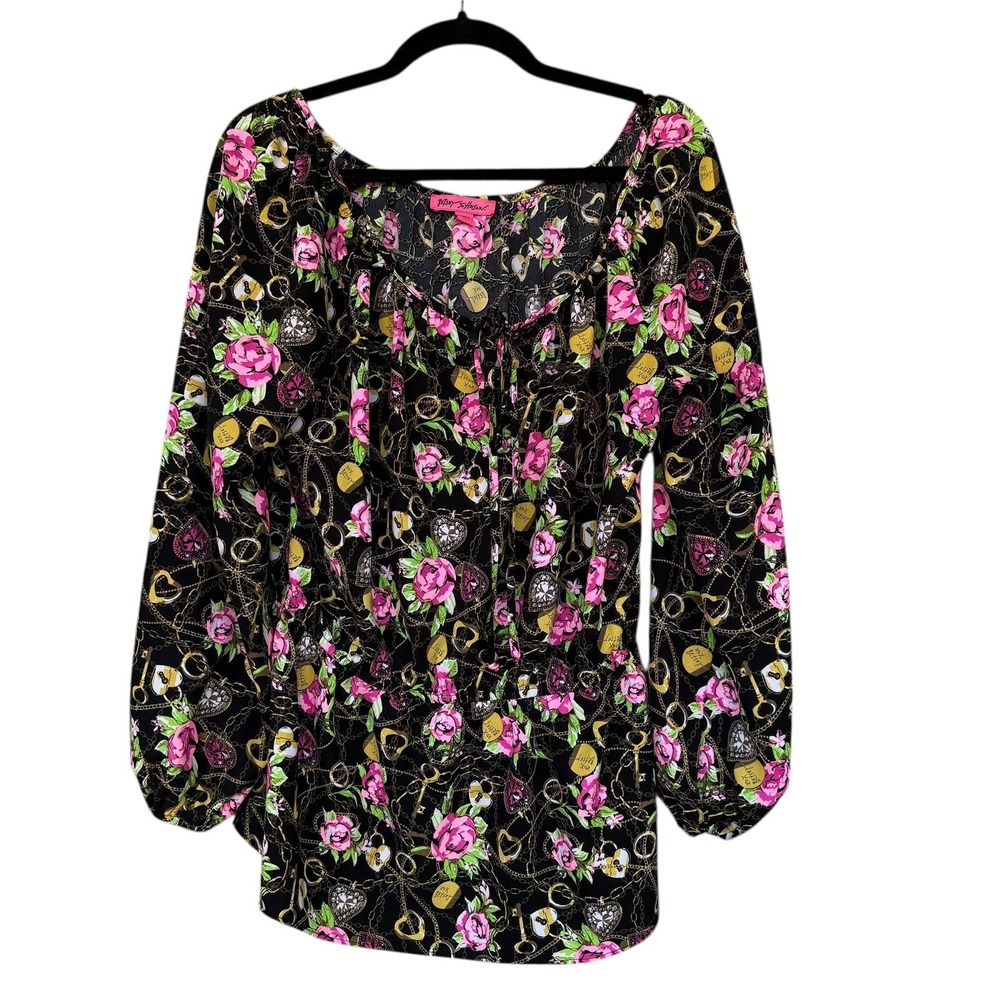 Betsey Johnson Blouse Womens Large Black‎ Rose Chain Print Long Sleeve Peplum